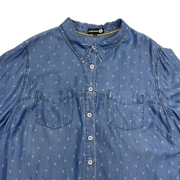 CLAIRE France blue lyocell denim 3/4 sleeves shirt size 18 US anchor pattern - Picture 4 of 12